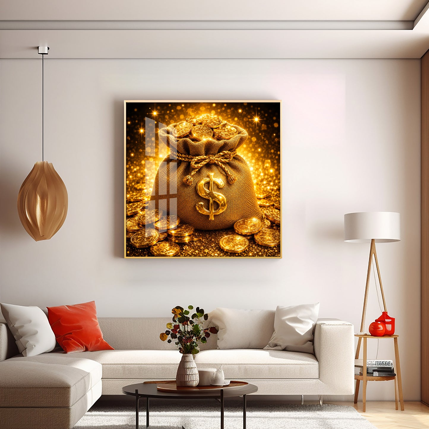 Golden Money Bag Premium Acrylic Square Wall Art
