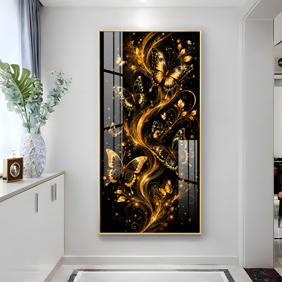 Graceful Golden Butterflies & Floral Swirls Premium Acrylic Vertical Wall Art