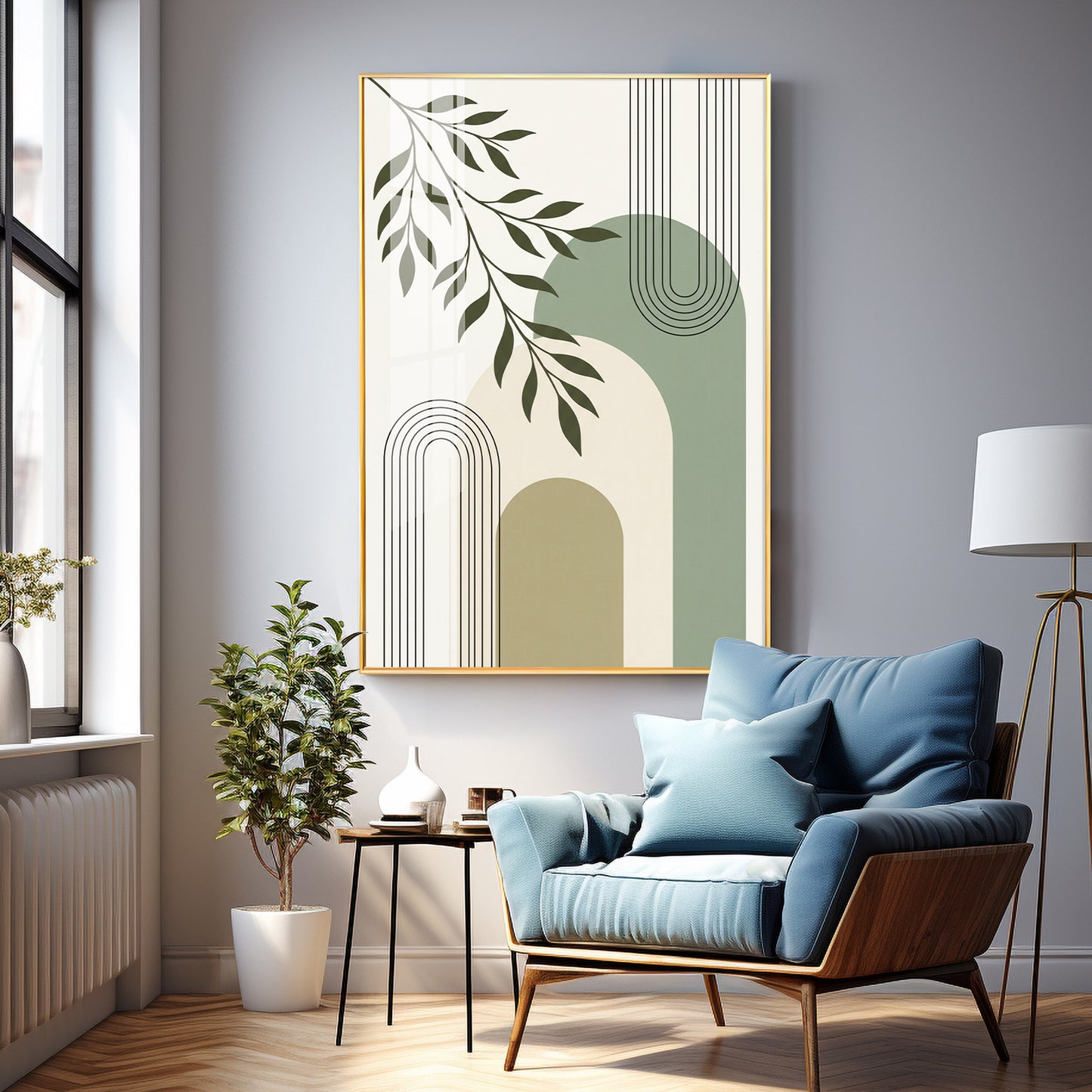 Green Leaf Against Geomatric Shape Premium Acrylic Vertical Wall Art