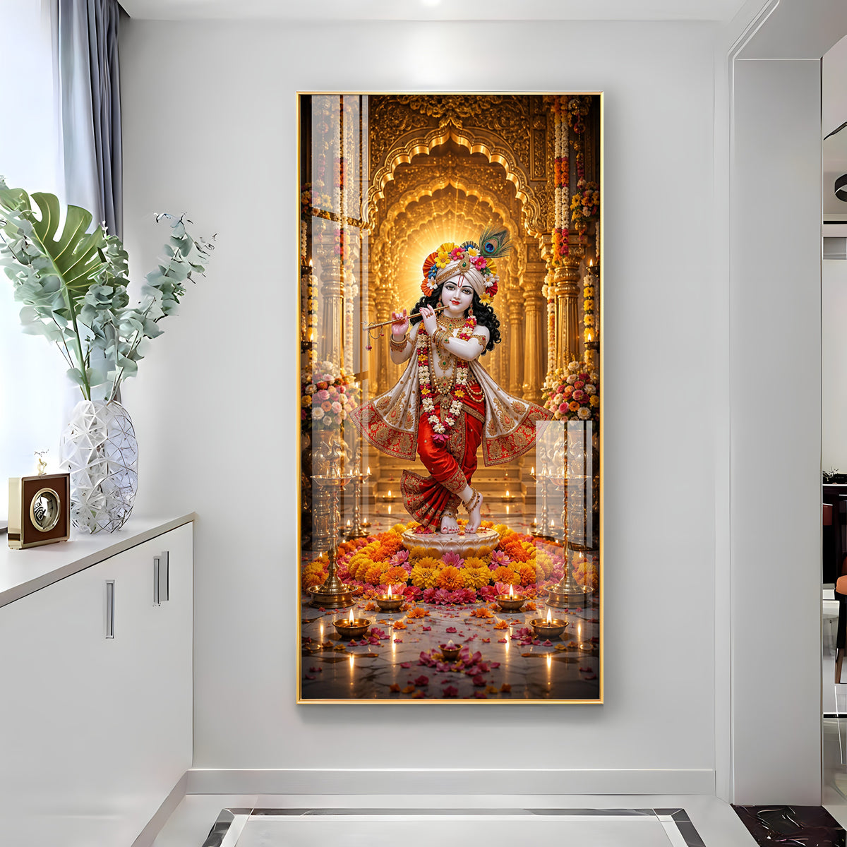 Lord Krishna With Playing Flute Premium Acrylic Vertical Wall Art