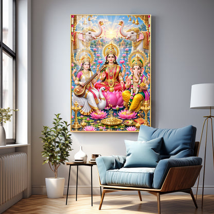 Lord Ganesh, Maa Laxmi & Maa Saraswati Premium Acrylic Vertical Wall Art