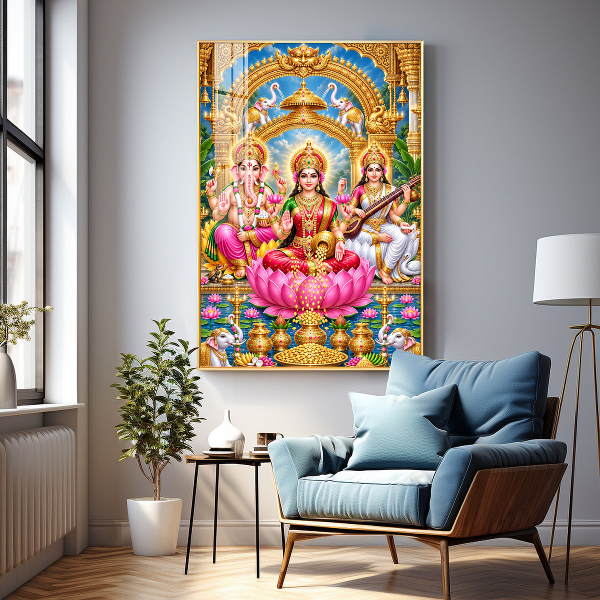 Divine Goddess Lakshmi, Lord Ganesha and Goddess Saraswati Premium Acrylic Vertical Wall Art