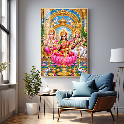 Divine Goddess Lakshmi, Lord Ganesha and Goddess Saraswati Premium Acrylic Vertical Wall Art