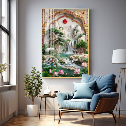 Sunrise Mountains Waterfall Premium Acrylic Vertical Wall Art