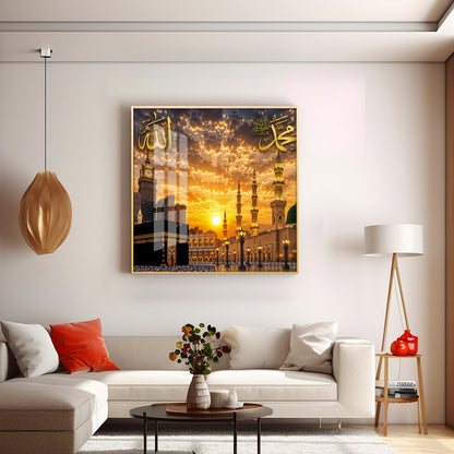 Holy Kaaba & The Prophet's Mosque Premium Acrylic Square Wall Art