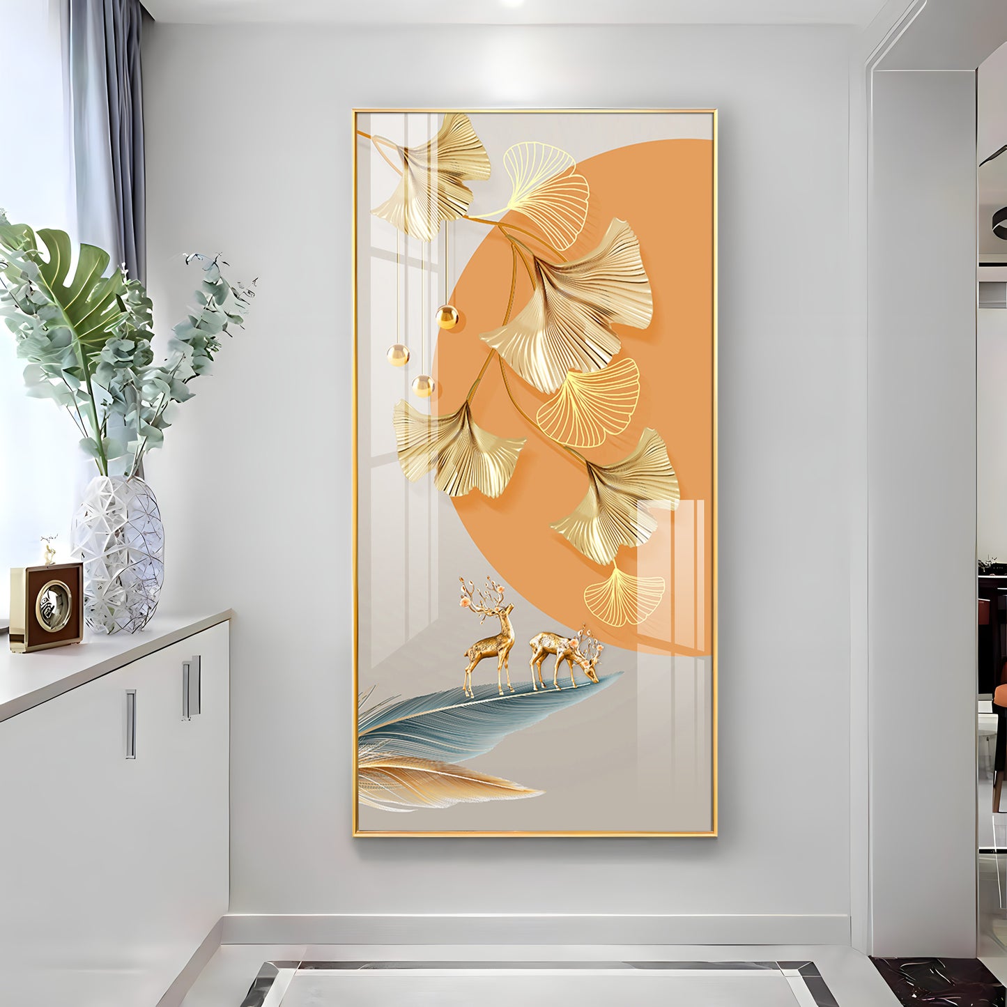 Golden Ginkgo Leaves Deer Premium Acrylic Vertical Wall Art