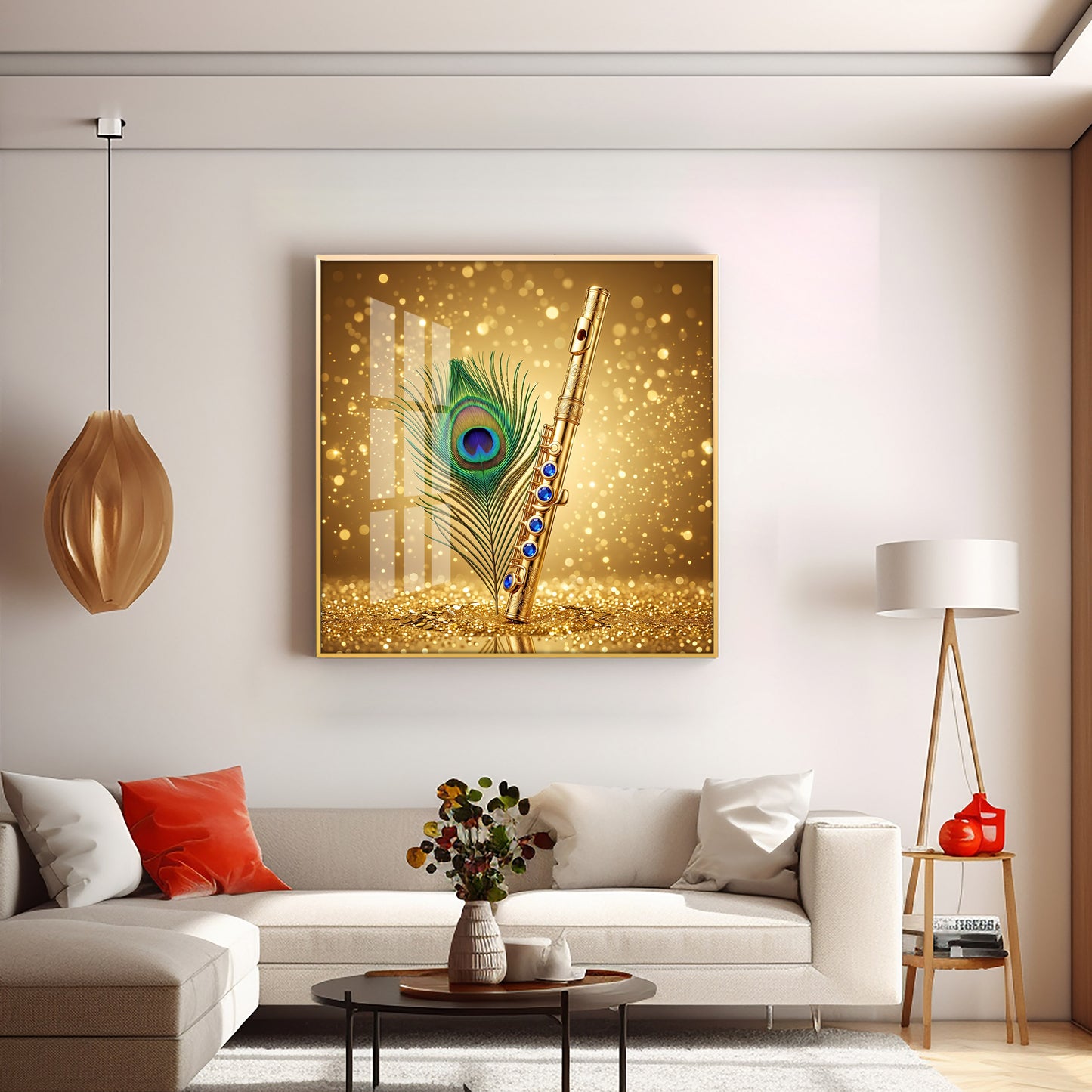 Flute With Peacock Feather Premium Acrylic Square Wall Art