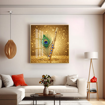 Flute With Peacock Feather Premium Acrylic Square Wall Art