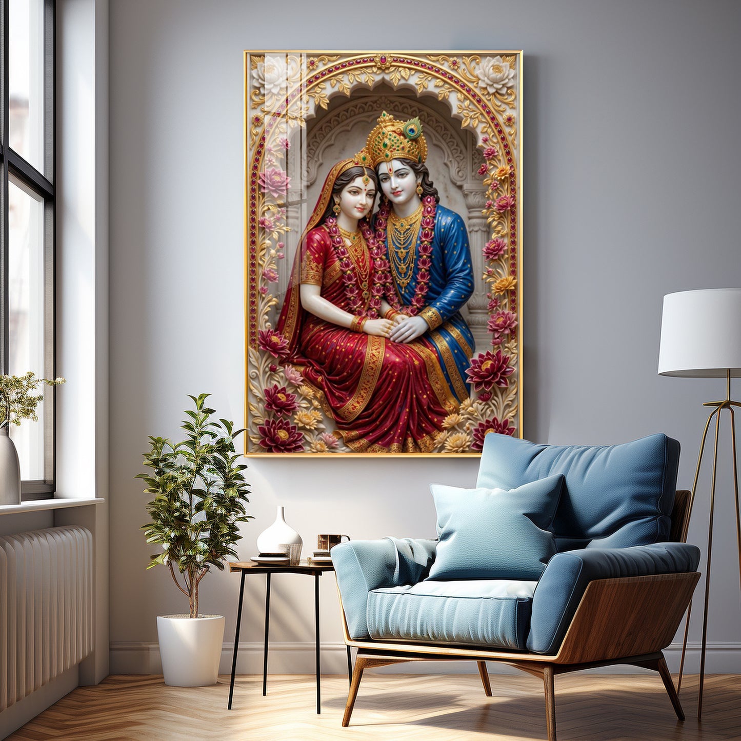 Depiction Of Radha Krishna Seated Together Premium Acrylic Vertical Wall Art