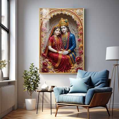 Depiction Of Radha Krishna Seated Together Premium Acrylic Vertical Wall Art