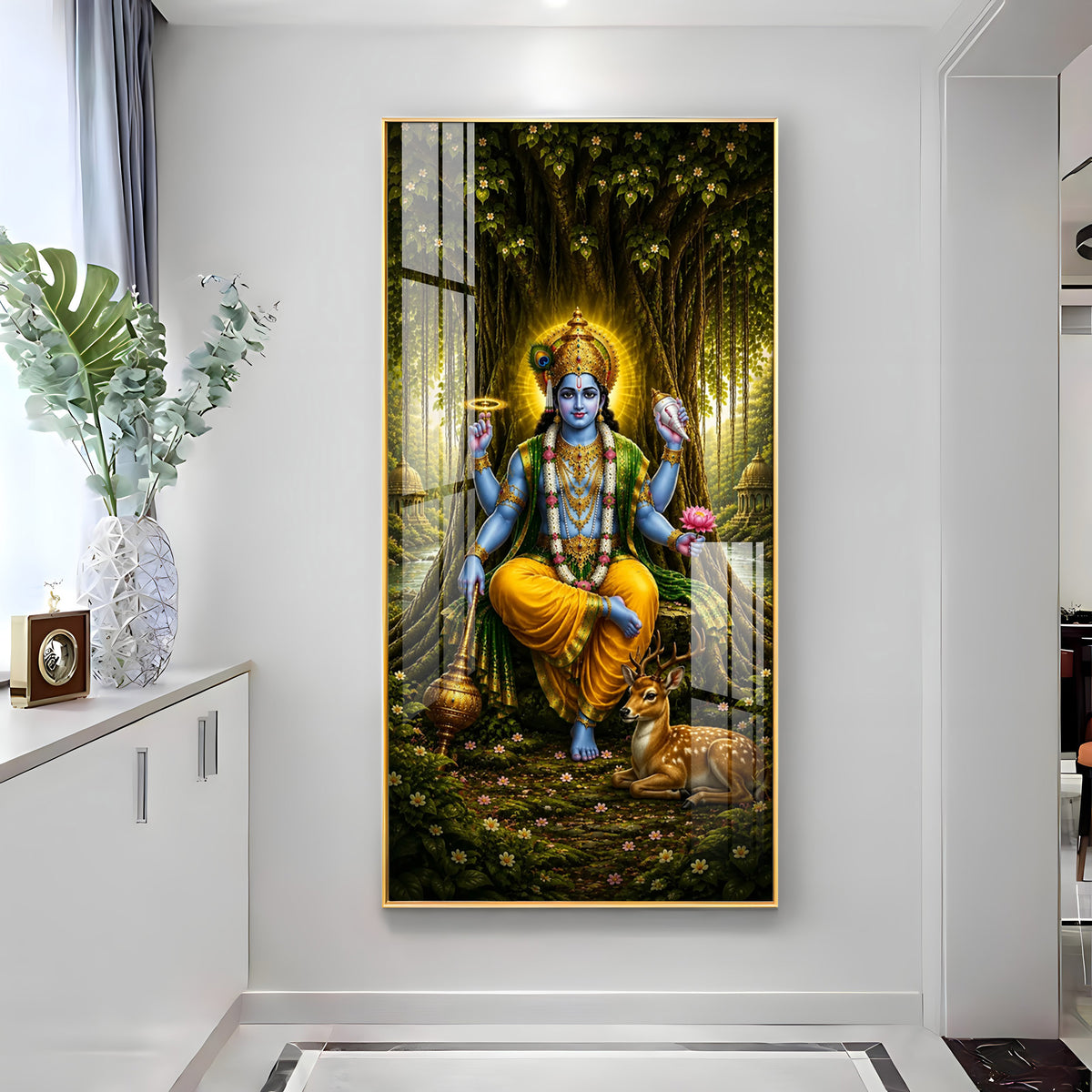 Divine Lord Vishnu In Forest Premium Acrylic Vertical Wall Art