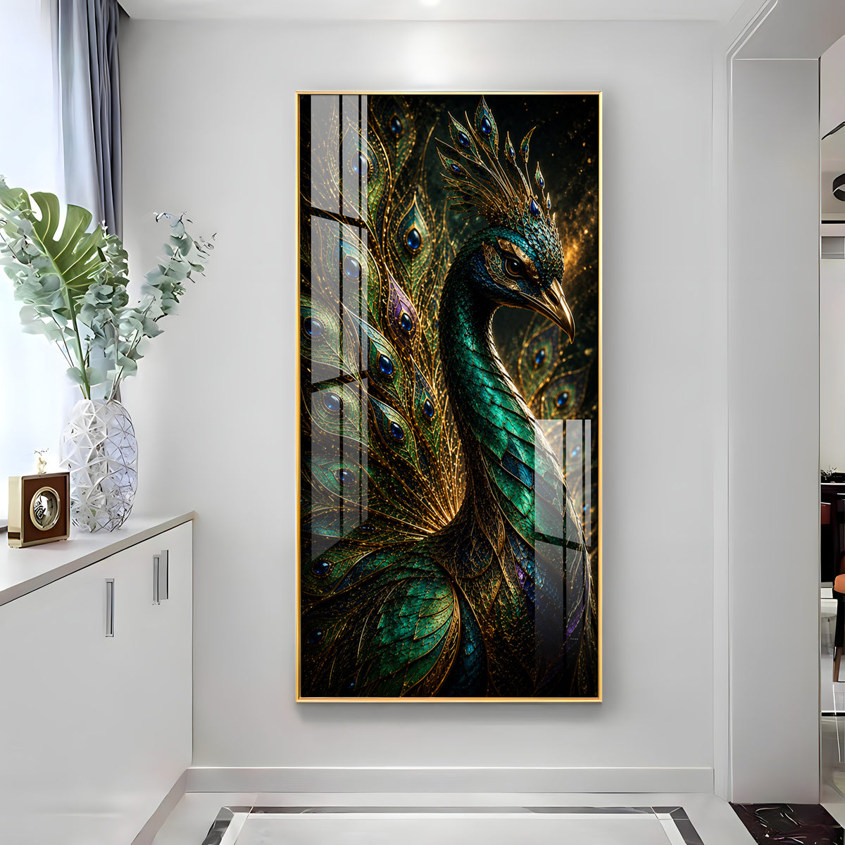 Majestic Jewel Toned Peacock Feather Premium Acrylic Vertical Wall Art