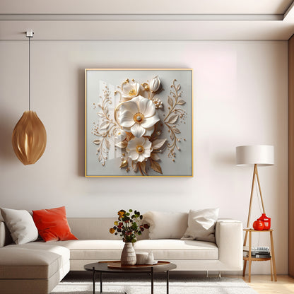 Elegant White Flowers With Gold Leaves Premium Acrylic Square Wall Art