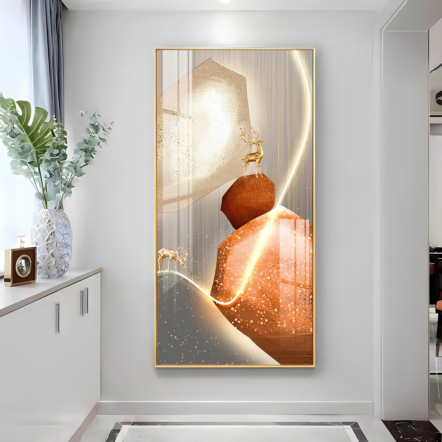 Golden Deer With Orange Rock Premium Acrylic Vertical Wall Art