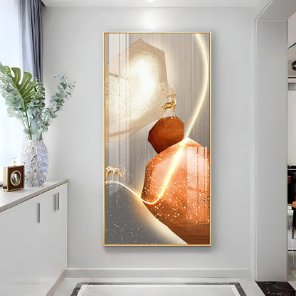 Golden Deer With Orange Rock Premium Acrylic Vertical Wall Art