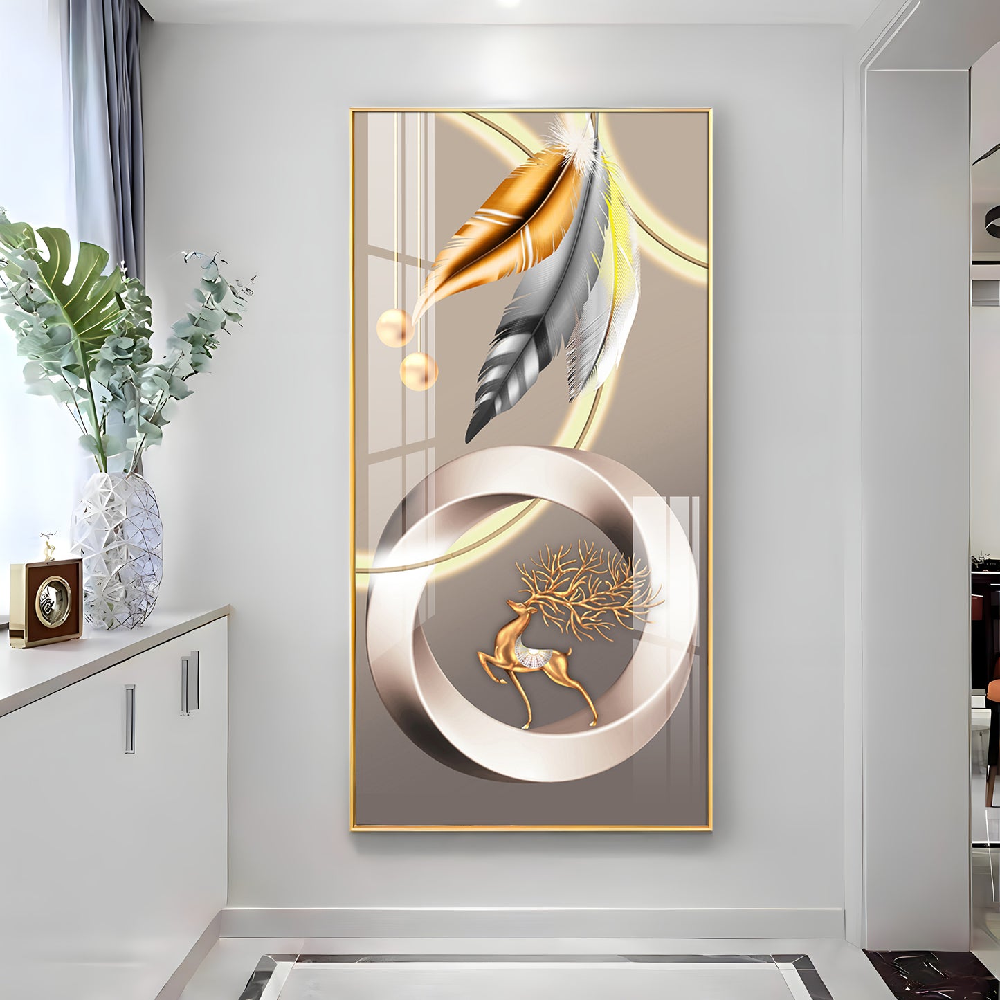 Deer With Gold & Silver Feather Premium Acrylic Vertical Wall Art