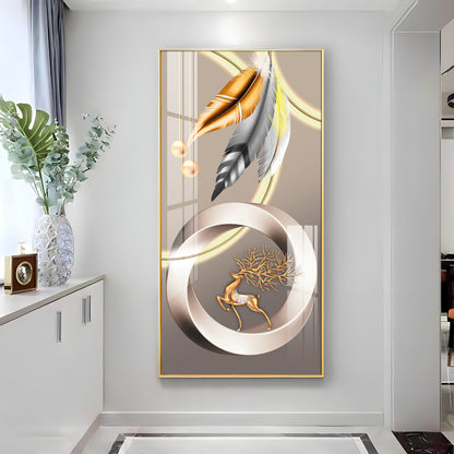 Deer With Gold & Silver Feather Premium Acrylic Vertical Wall Art