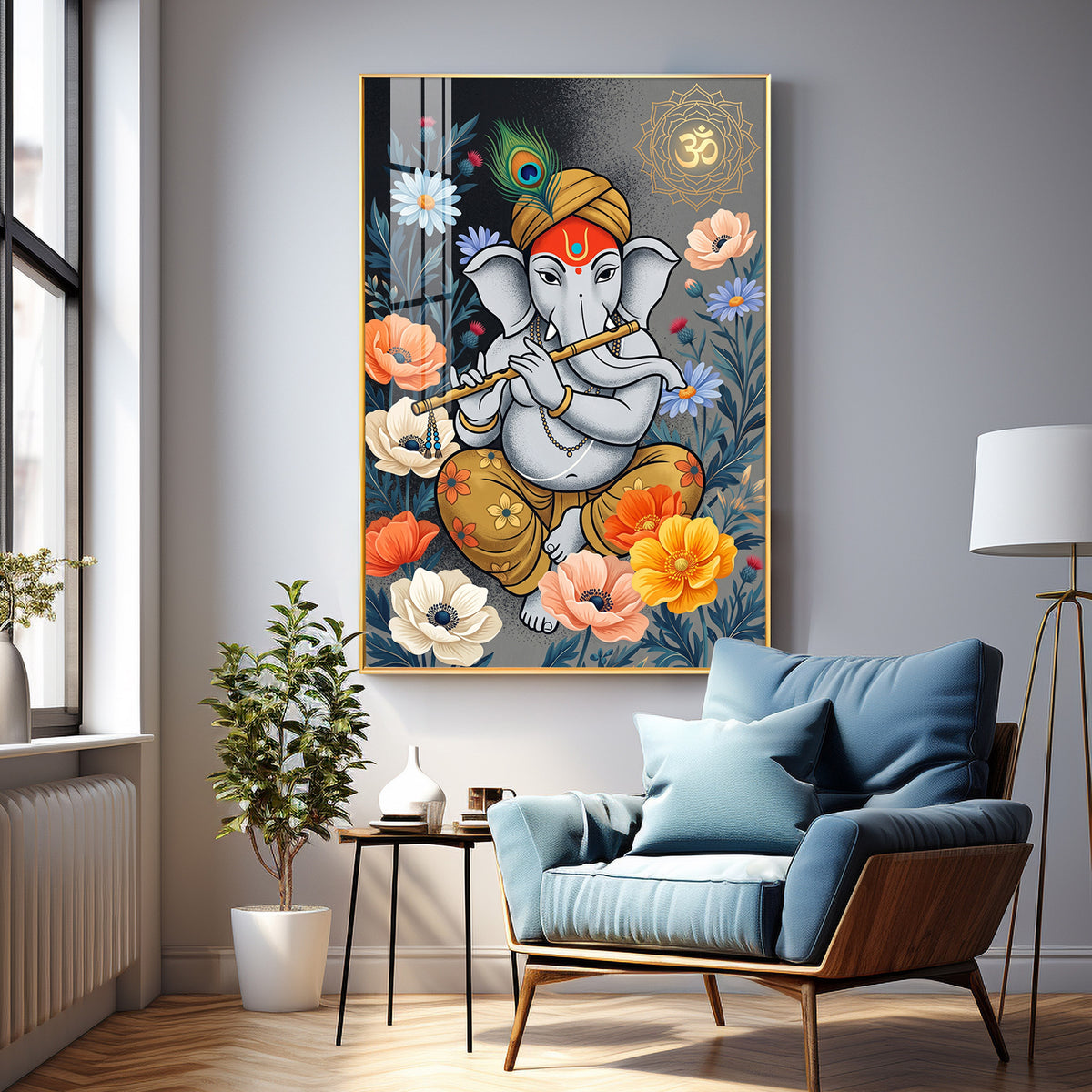 Lord Ganesha Playing Flute Premium Acrylic Vertical Wall Art