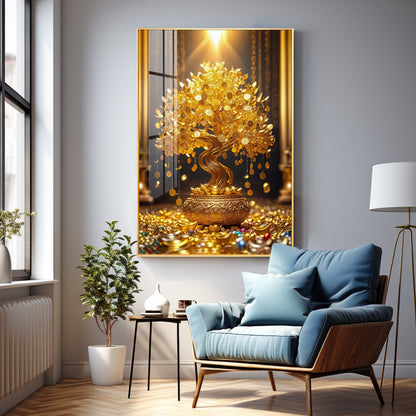 Golden Money Tree Premium Acrylic Vertical Wall Art