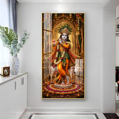 Divine Lord Krishna with Kamadhenu Cow Premium Acrylic Vertical Wall Art