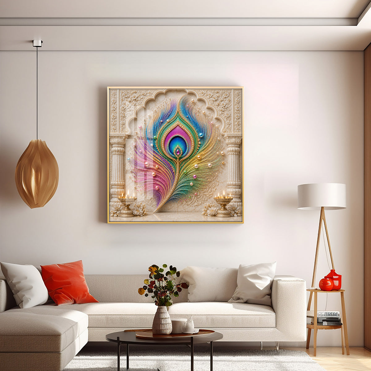 Colorful Peacock Feather Premium Acrylic Square Wall Art