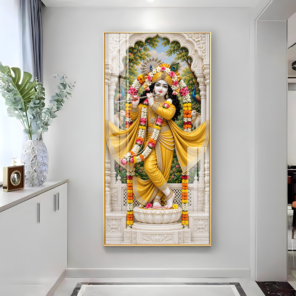 Krishna in Yellow Dress Premium Acrylic Vertical Wall Art