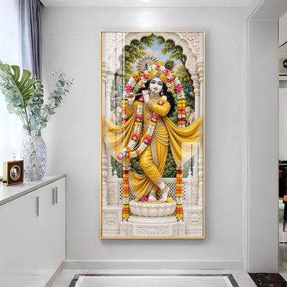 Krishna in Yellow Dress Premium Acrylic Vertical Wall Art