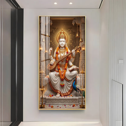 Divine Harmony Of Saraswati Maa Premium Acrylic Vertical Wall Art