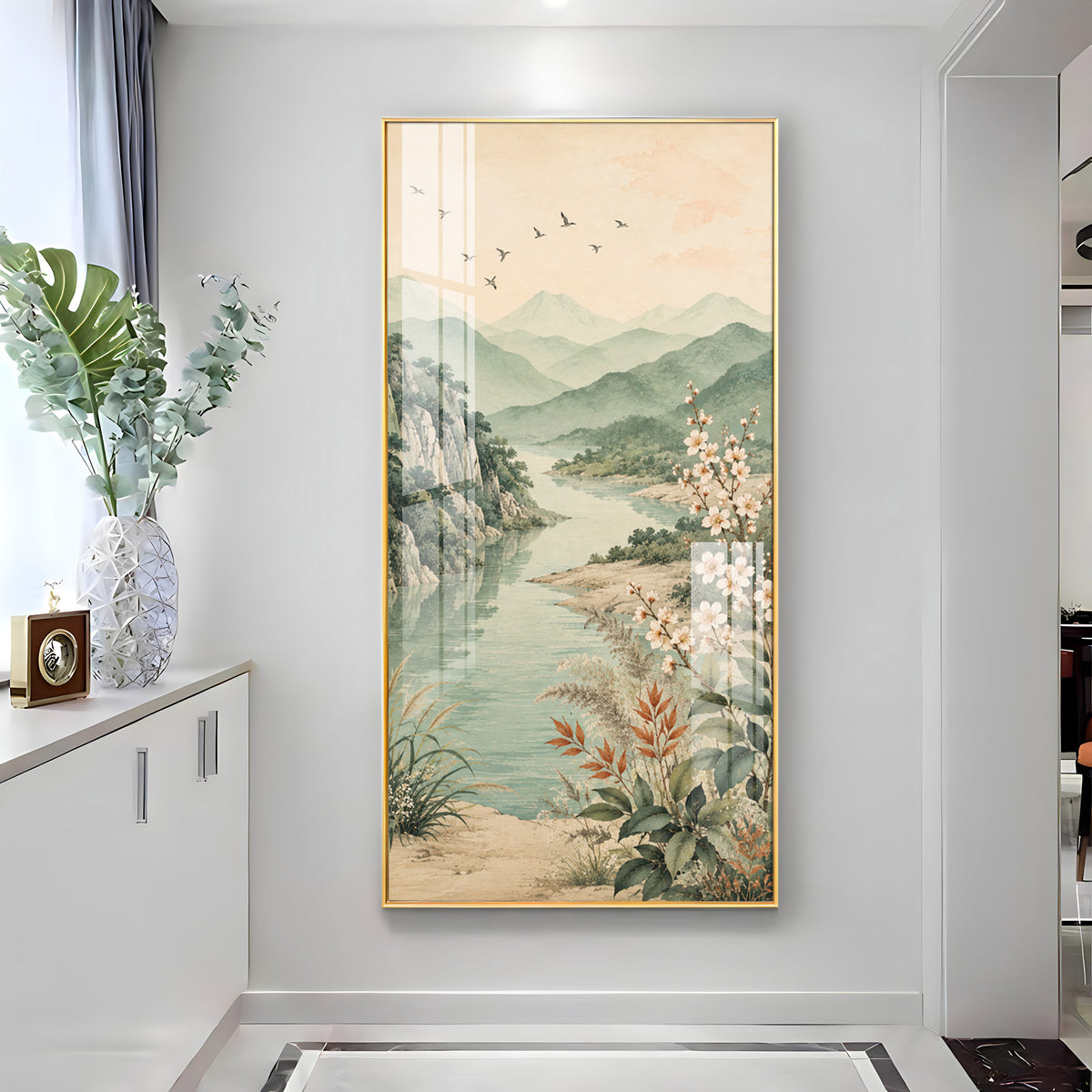 Serene Mountain Lake & Blossom Premium Acrylic Vertical Wall Art