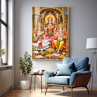 Maa Lakshmi, Ganesha and Saraswati Premium Acrylic Vertical Wall Art