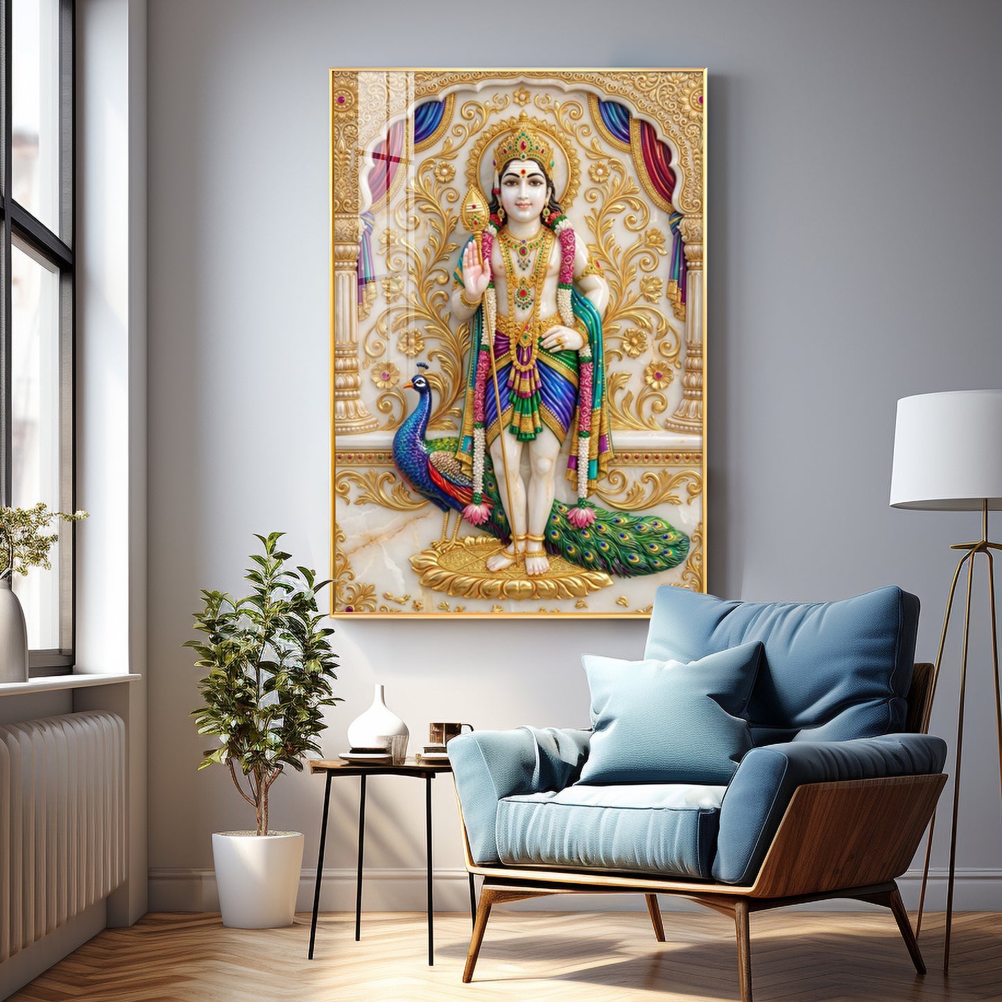 Lord Murugan With Peacock Premium Acrylic Vertical Wall Art