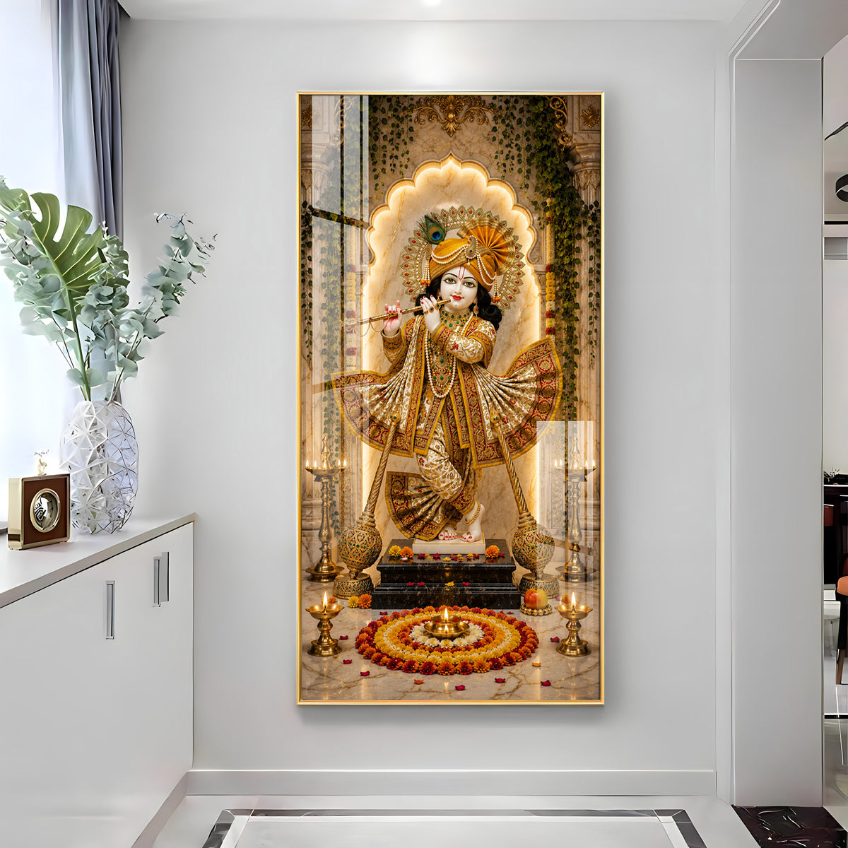 Lord Krishna Playing Flute Bansuri Premium Acrylic Vertical Wall Art