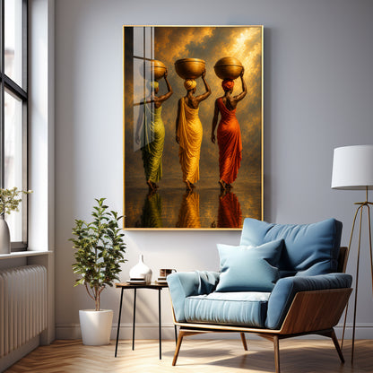 Rural Women Carrying Water Premium Acrylic Vertical Wall Art