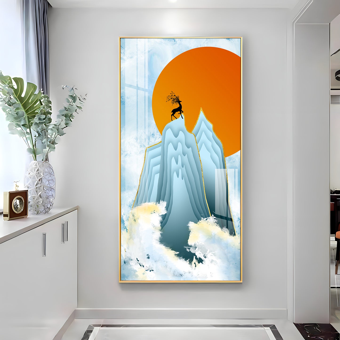 Black Deer On Mountains Premium Acrylic Vertical Wall Art