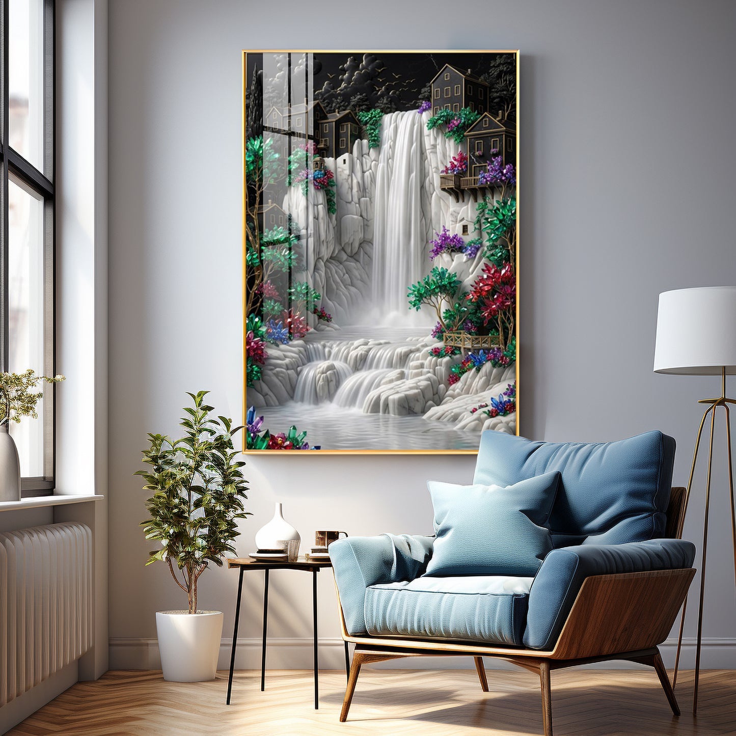Waterfall Surrounded By Houses Premium Acrylic Vertical Wall Art