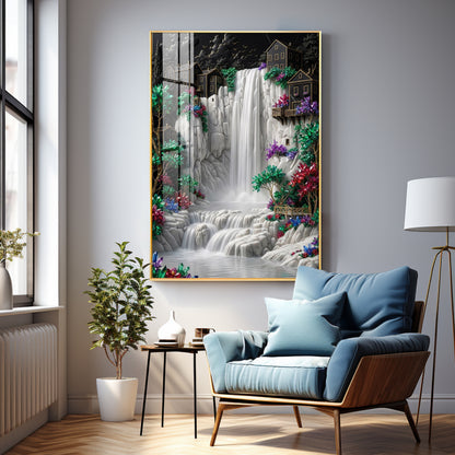 Waterfall Surrounded By Houses Premium Acrylic Vertical Wall Art