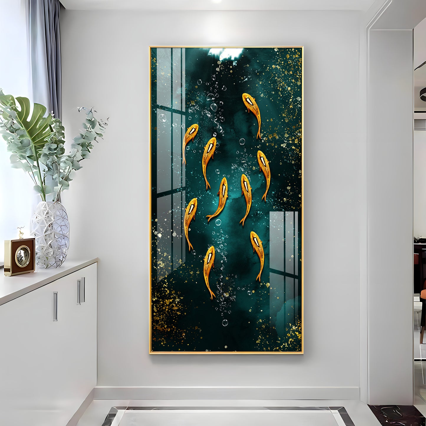 Golden Koi Fishes in Greenery Premium Acrylic Vertical Wall Art