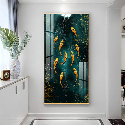 Golden Koi Fishes in Greenery Premium Acrylic Vertical Wall Art