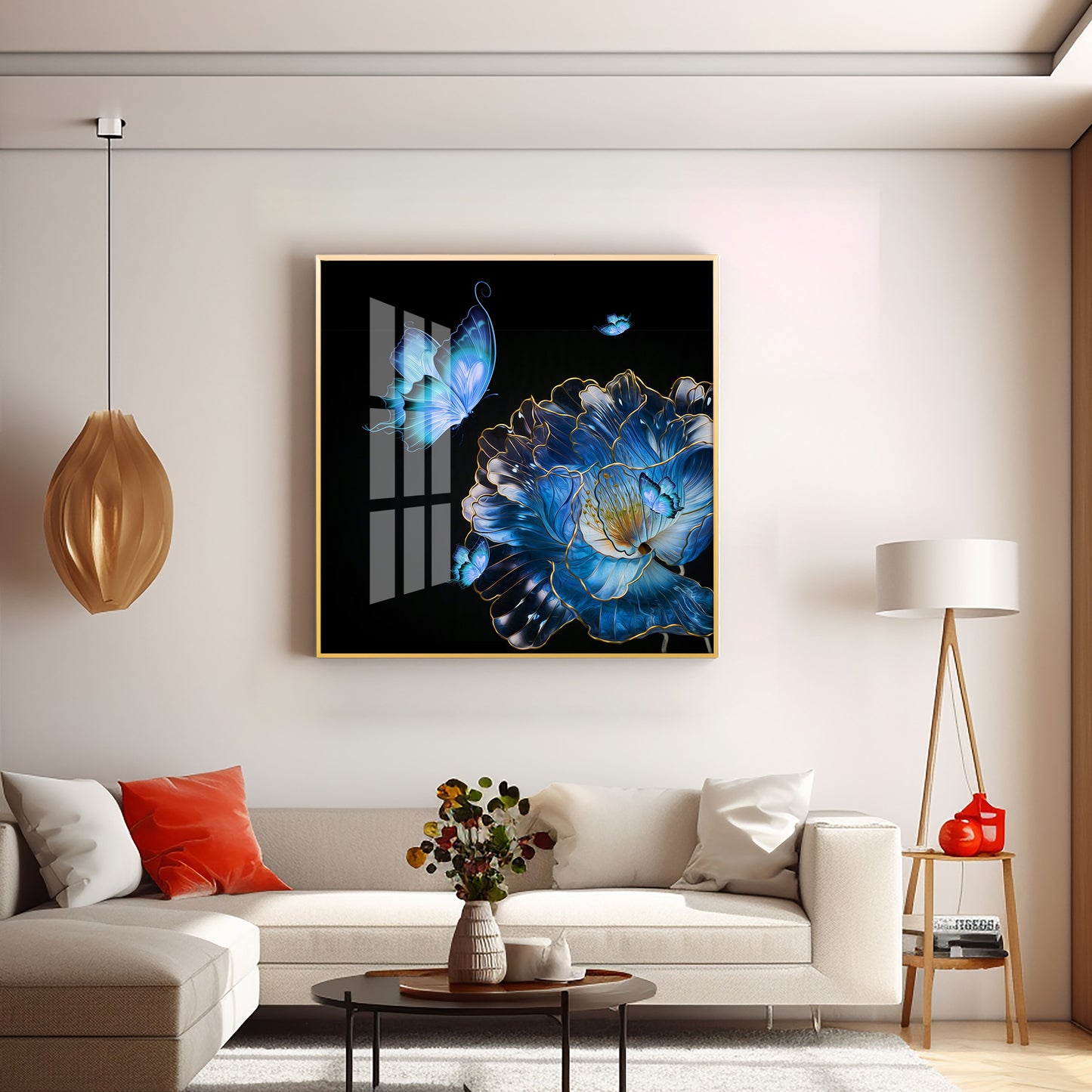 Blue Butterfly With Blue Flower Premium Acrylic Square Wall Art