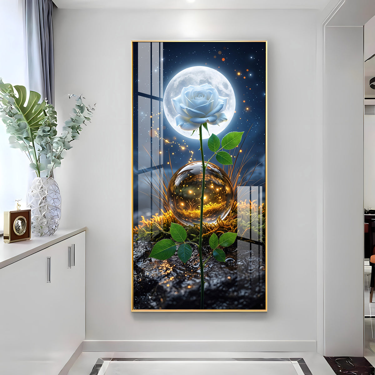 Luminous White Rose with Full Moon Premium Acrylic Vertical Wall Art