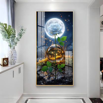 Luminous White Rose with Full Moon Premium Acrylic Vertical Wall Art