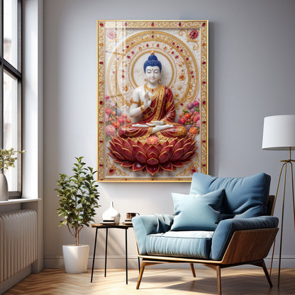 Divine Serenity Buddha On Red Lotus Premium Acrylic Vertical Wall Art