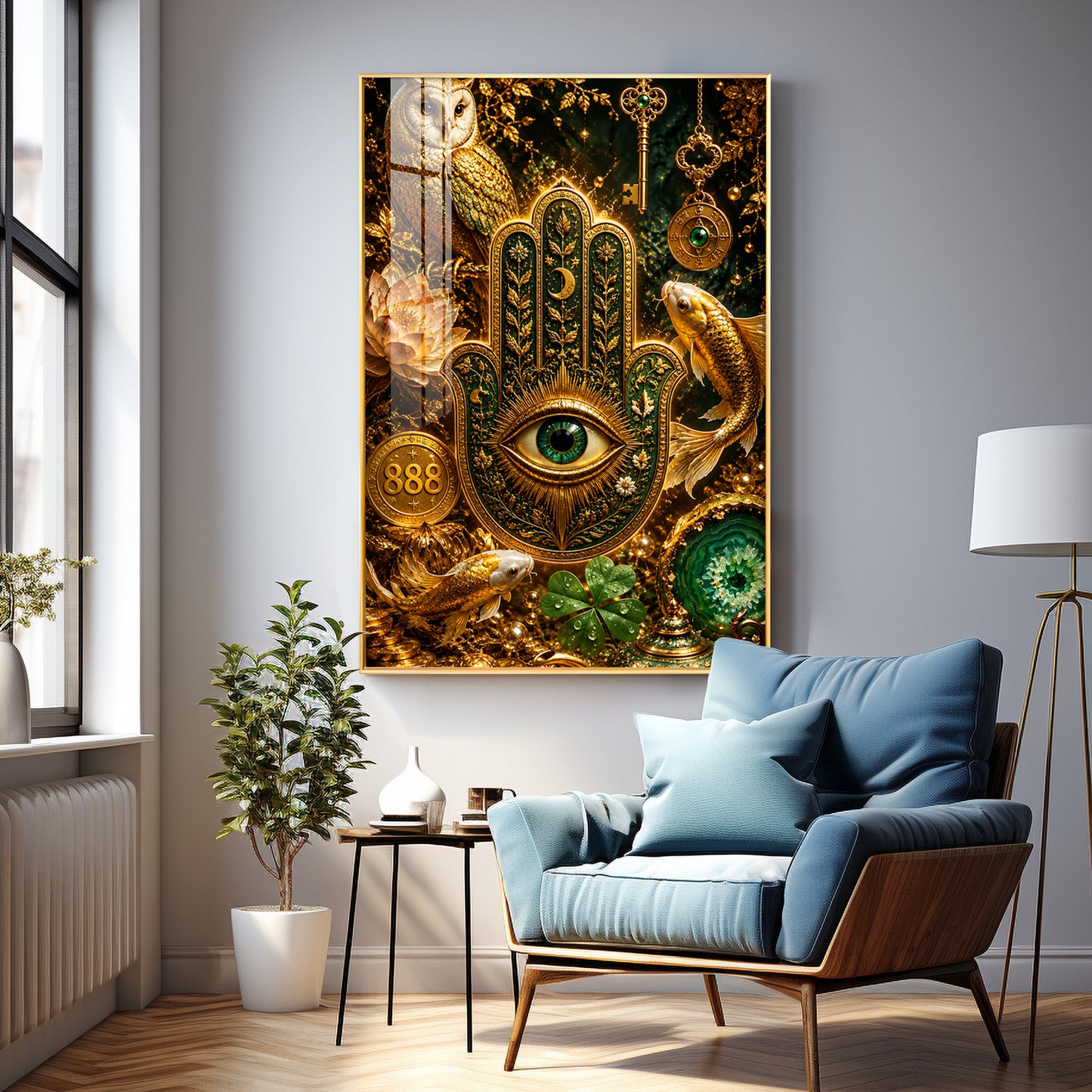 Golden Hamsa Hand Premium Acrylic Vertical Wall Art