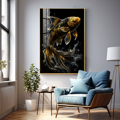 Golden Koi Splash Premium Acrylic Vertical Wall Art