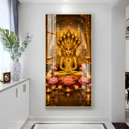 Divine Lord Parshvanath Golden Idol Lotus Premium Acrylic Vertical Wall Art