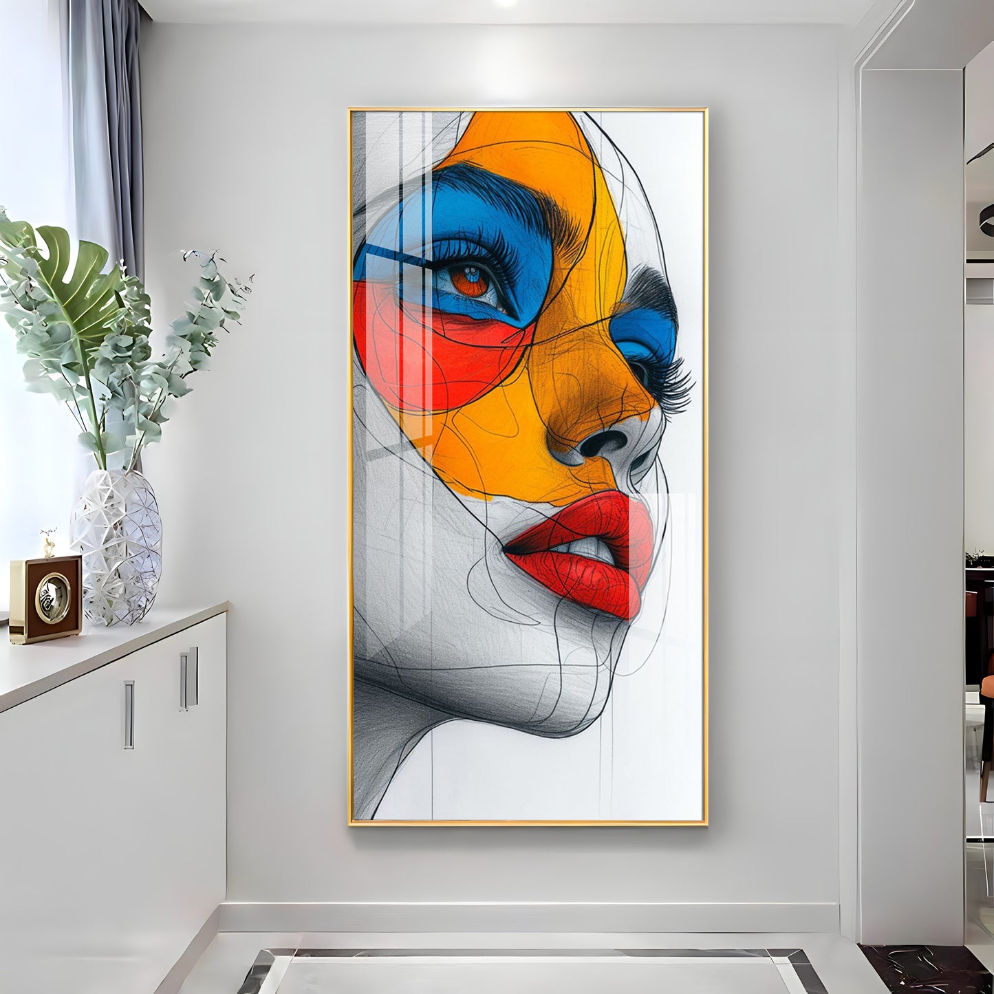Vibrant Geometric Mask Girl Premium Acrylic Vertical Wall Art