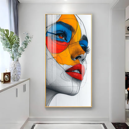 Vibrant Geometric Mask Girl Premium Acrylic Vertical Wall Art