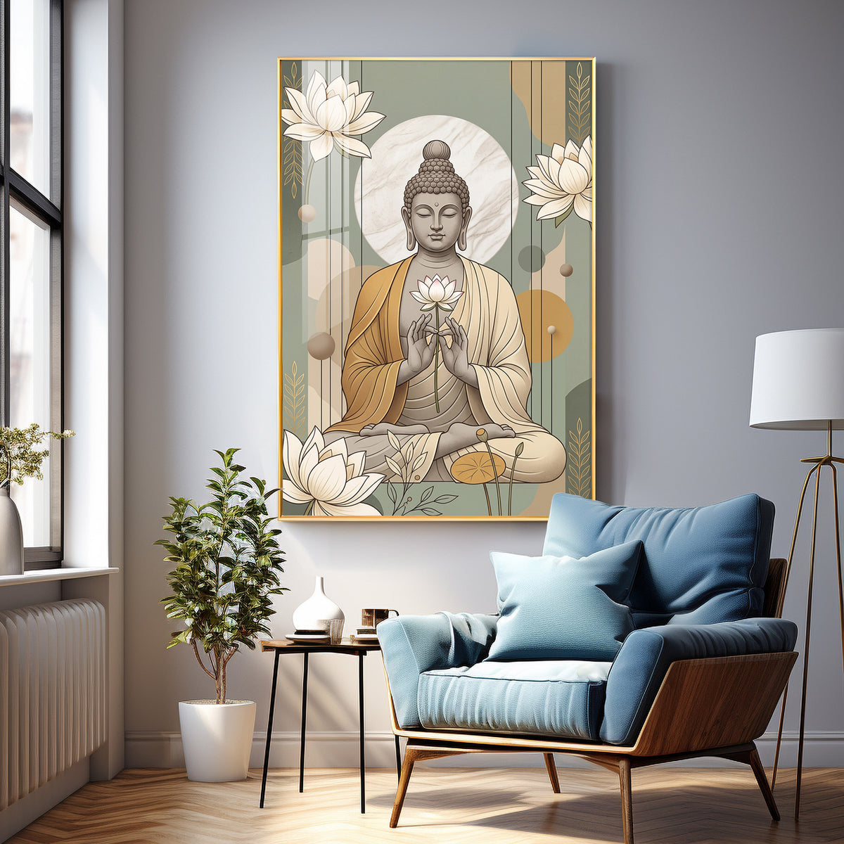 Meditating Buddha & White Lotus Premium Acrylic Vertical Wall Art