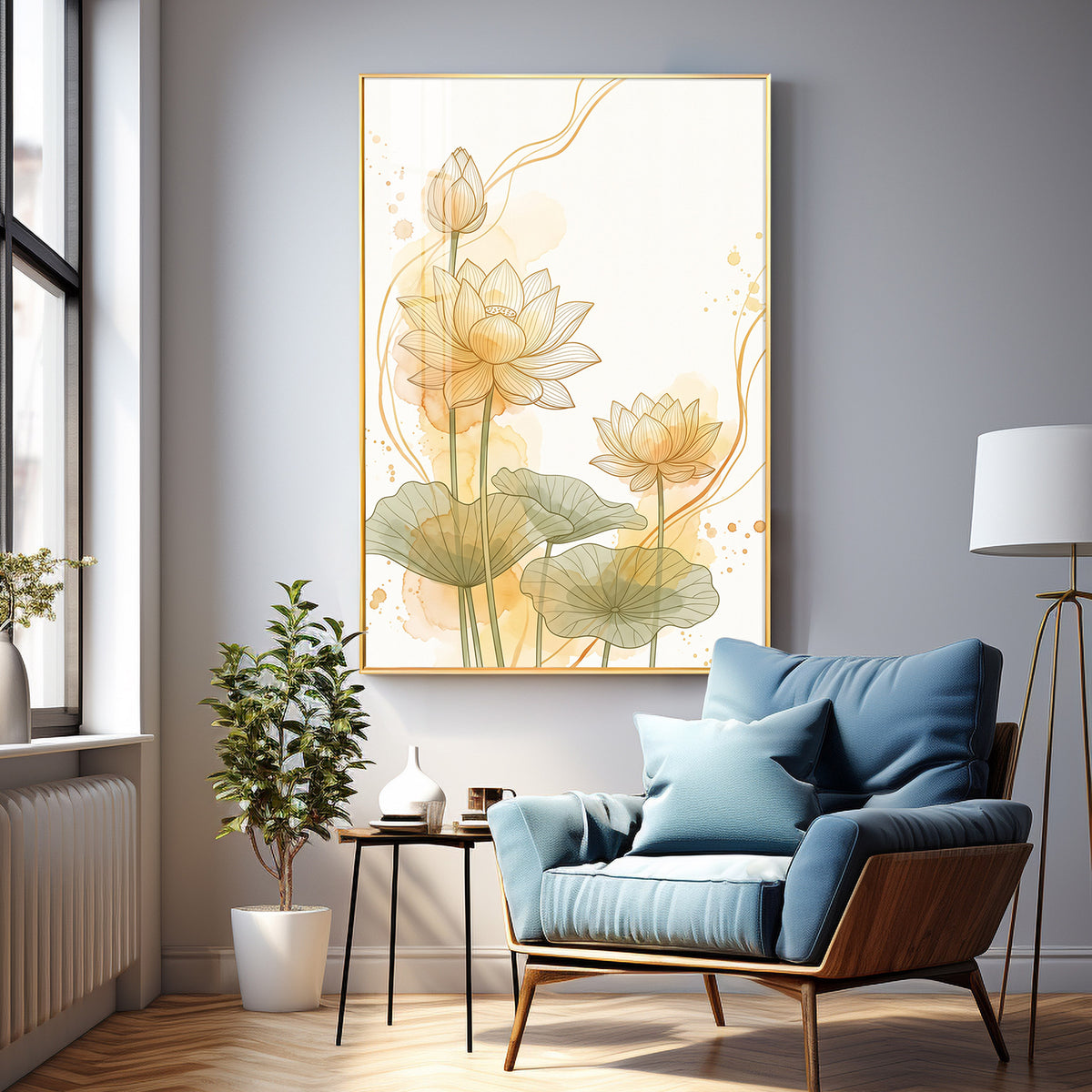 Golden Lotus Line Art Premium Acrylic Vertical Wall Art