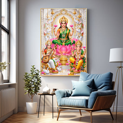 Gajalakshmi Saraswati Ganesha  Premium Acrylic Vertical Wall Art